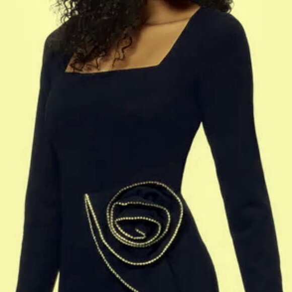 Betsy & Adam Navy Blue Crystal Rosette Long Sleeve Cocktail Dress